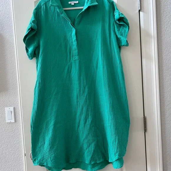 Chicos 100% gauze cotton roll tab sleeve collared dress. Preppy. Lightweight. 20 - Picture 2 of 11